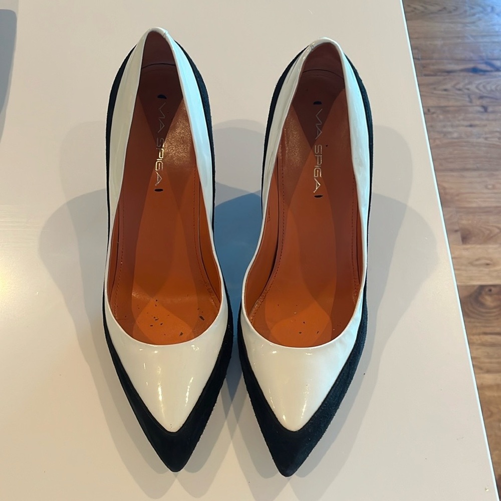 Via Spiga heels - black suede and white patent leather